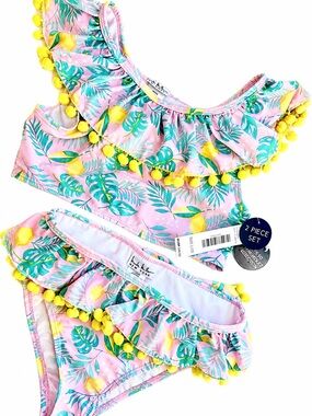 Nicole Miller Pink Tropical Lemon Pom 2-Piece Swim Bikini Girls Size 12 NEW